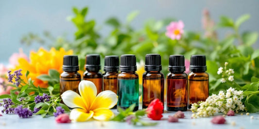 Seven essential oil bottles with herbs and flowers.