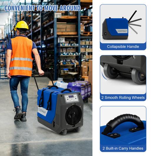 180 PPD Commercial Dehumidifier with Pump Drain Hose and Wheels-Blue at Set Shop and Smile