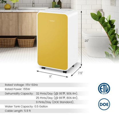 32 Pints/Day Portable Quiet Dehumidifier for Rooms up to 2500 Sq. Ft-Yellow at Set Shop and Smile